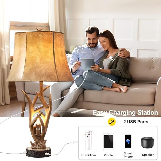 Dungoo Rustic Western Deer Table Lamps with Nightlight Set of 2, 26" Rustic Bedside Lamps for Bedroom with 2 USB Ports, Natural Antler Table Lamp for Christmas Living Room Foyer Office
