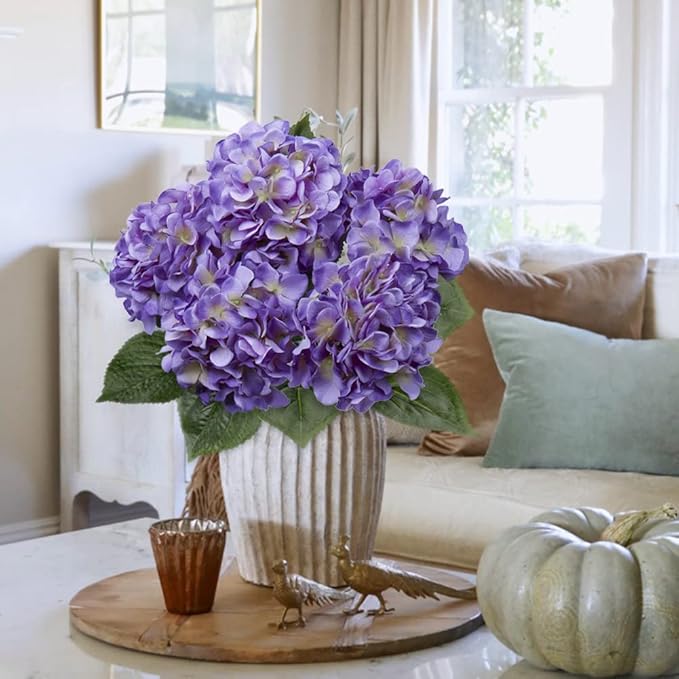 Purple Hydrangea Artificial Flowers Large Artificial Hydrangeas Silk Flowers for Home Decor Indoor Wedding Flowers Bouquets Faux Flowers Kitchen Centerpiece Table Decorations