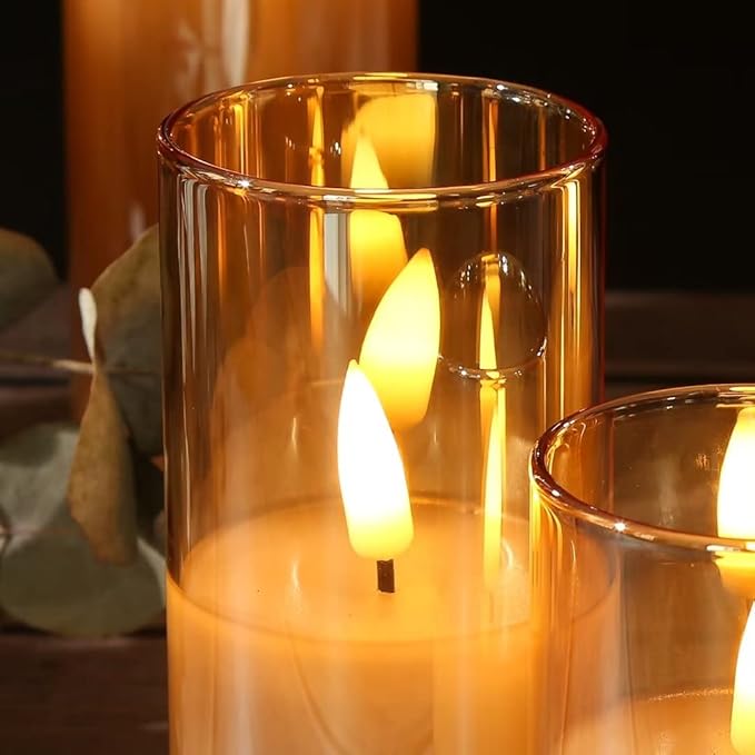 Eywamage 5 Pack Gold Glass Flameless Candles with Remote, Flickering Slim Tall LED Pillar Votive Candles Battery Included