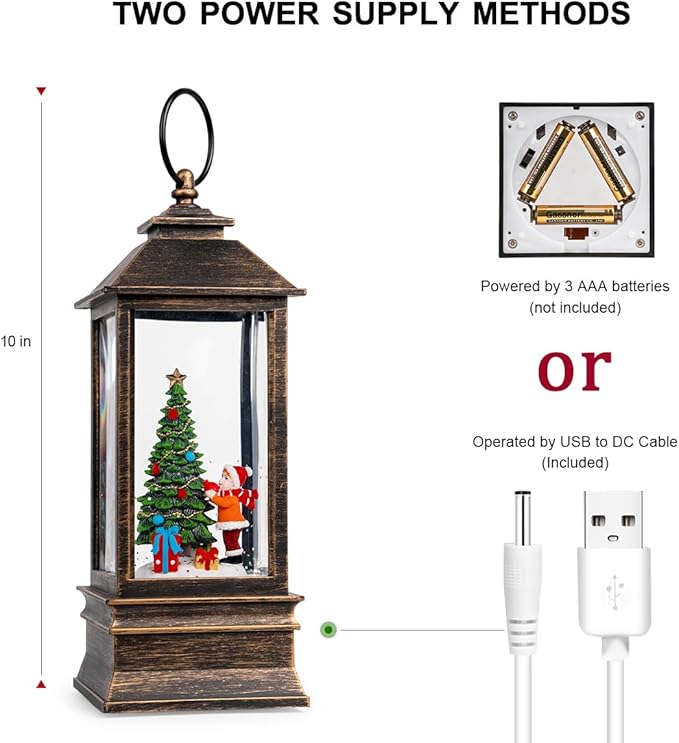 Christmas Snow Globe Lantern Water Glittering Christmas Tree Gifts with Music & Timer, USB Lined/Battery Operated Lighted Lantern for Christmas Festival Decorations