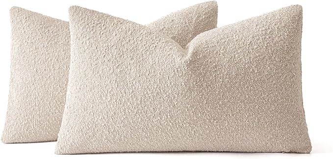 MIULEE 12x20 Inch Decorative Lumbar Throw Pillows for Bed Set of 2 Textured Boucle Neutral Throw Pillow Covers Oatmeal Accent Solid Pillowcase Cozy Soft Sofa Livingroom Home Decor