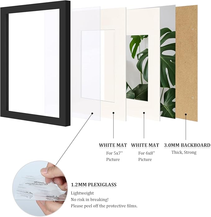 Egofine A4 Picture Frames Set of 4, Made of Solid Wood Covered by Plexiglass 4x6 and 6x8 with Mat or A4 whitout Mat, for Table Top Display and Wall Mounting Photo Frame Black
