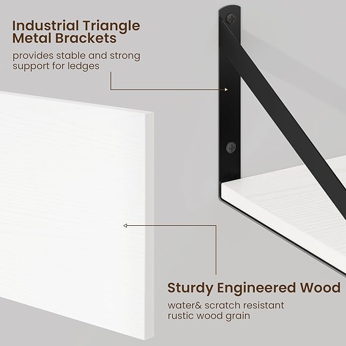 Fun Memories Floating Shelves for Wall, 12 Inch Deep Floating Shelves Set of 2, 55W x 12D Large Wall Shelf with Sturdy Metal Brackets for Living Room, Bathroom, Bedroom and Kitchen, White