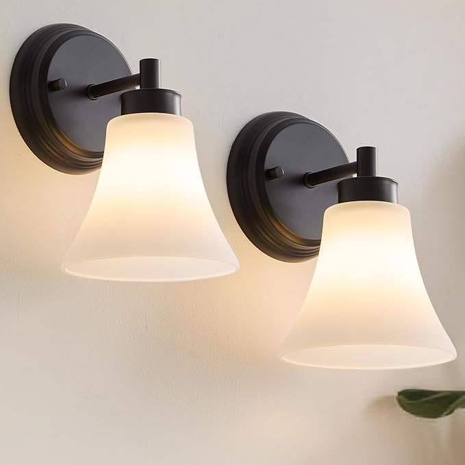 LOUSACE 2 Pack 1-Light Bathroom Vanity Lights Black Vintage Bathroom Lighting Fixtures with Opal White Glass, Set of 2 Single Vanity Wall Sconces for Side Mirror Cabinet Stairs Kitchen Living Room