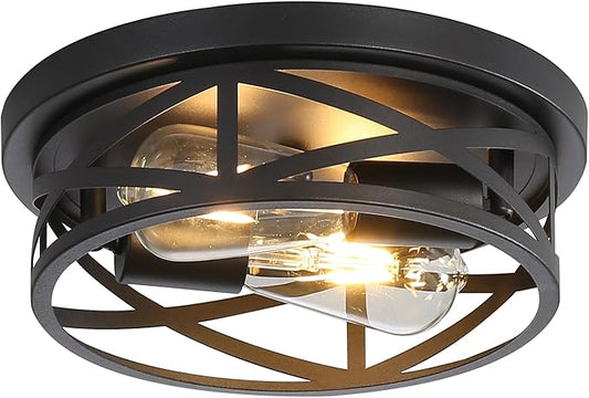 Black Flush Mount Ceiling Light Fixture,2-Light Industrial Farmhouse Ceiling Light Fixture，Black Light Fixture Ceiling Mount for Kitchen Bedroom Living Room Hallway 1 Pack