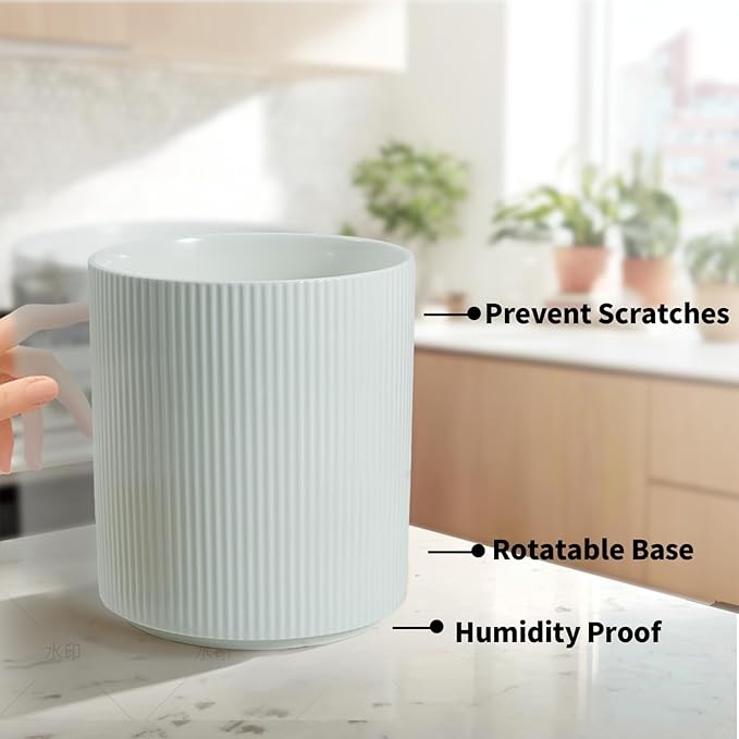 Ceramic Utensil Holder, 7.76" 3.5L Wooden Non-Slip Base 360°Rotating Design for Kitchen Countertop Farmhouse Decor (white)