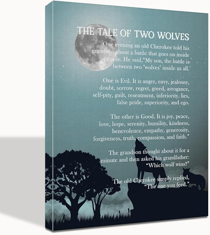 Wolf Wall Art, Wolf Poster, The Tale of Two Wolves, Canvas Wall Art Inspirational Quote Decor 6x20 inch