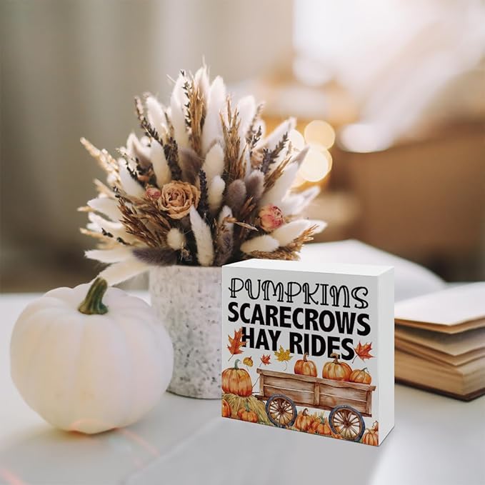 Autumn Wood Sign, Autumn Thanksgiving Wooden Decor, Tabletop Decor, Farmhouse Home Decors for Living Room, Office Decors, Decorative Wooden Box Sign, Pumpkins Scarecrows Hay Rides Signs A5