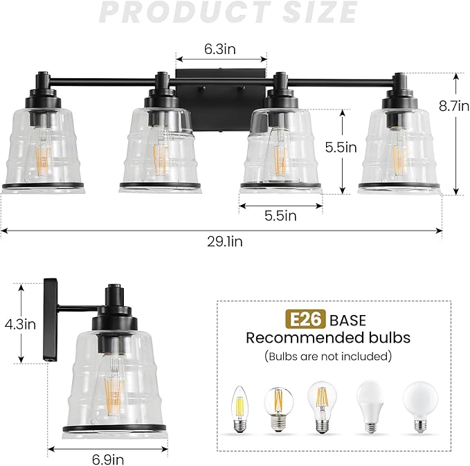 Black Bathroom Vanity Light Fixture, 4 Light Bathroom Light Fixtures Over Mirror with Clear Glass Shade and Metal Base Wall Sconce, 29.1 inch Modern Vanity Light for Bathroom(Exclude E26 Bulb)