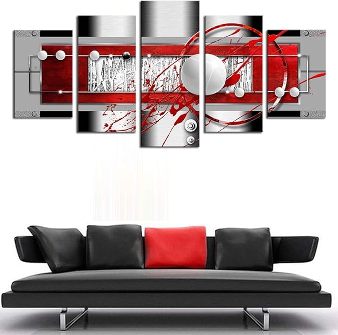 AWLXPHY Decor-Abstract Canvas Wall Art Large Red Black Grey for Living Room Decor 5 Pieces Framed Painting Modern Simple Circle Round Line HD Print Artworks Giclee(White, W80'' x H40'')