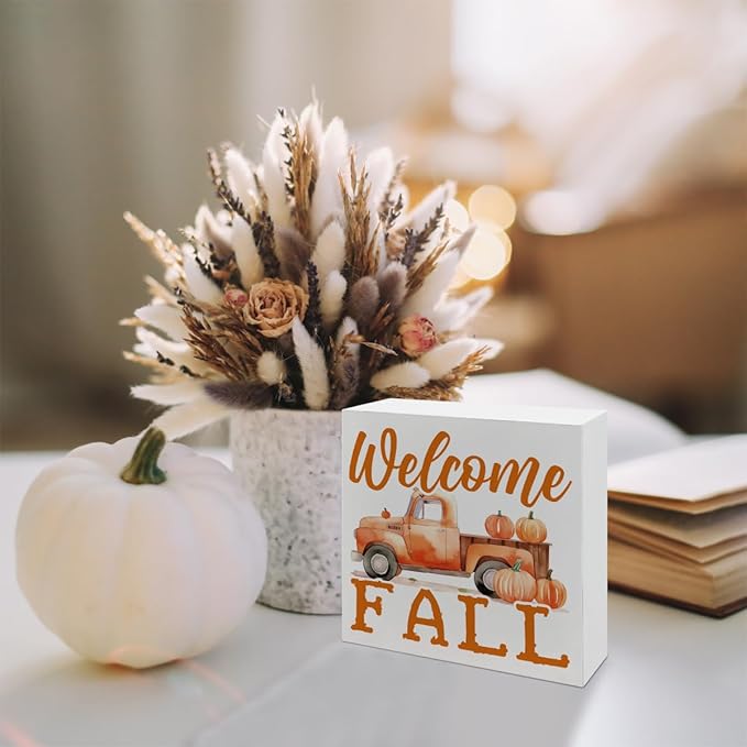 Welcome Fall Wood Sign, Pumpkin Harvest Truck Decor, Front Door Shelves Decoration, Farmhouse Home Decor, Autumn Thanksgiving Decors, Decorative Wooden Table Signs, Rustic Wooden Box Sign A16