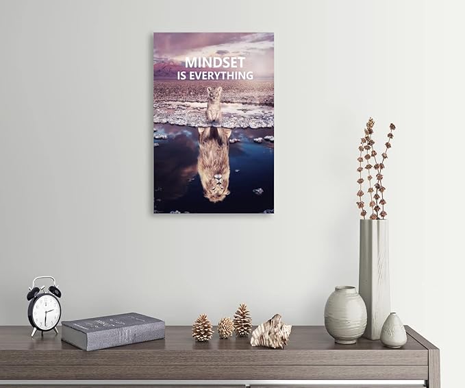 Motivational Canvas Painting Animal Poster Little Lion and Big Lion Mindset is Everything Wall Art Printing Office Decoration Frame[12''W X 18''H]