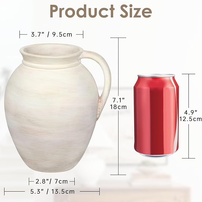 Ceramic Rustic Farmhouse Vase, 7.1" Pottery Beige Pitcher Vase for Flowers Pampas Grass Centerpieces Boho Modern Rustic Farmhouse Decor for Living Room Kitchen Countertop Entryway Dinner Table Shelf