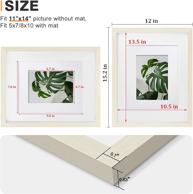 Egofine 11x14 Picture Frames Set of 4, Made of Solid Wood Covered by Plexiglass 5x7 and 8x10 with Mat or 11x14 without Mat, for Table Top Display and Wall Mounting Photo Frame Beige