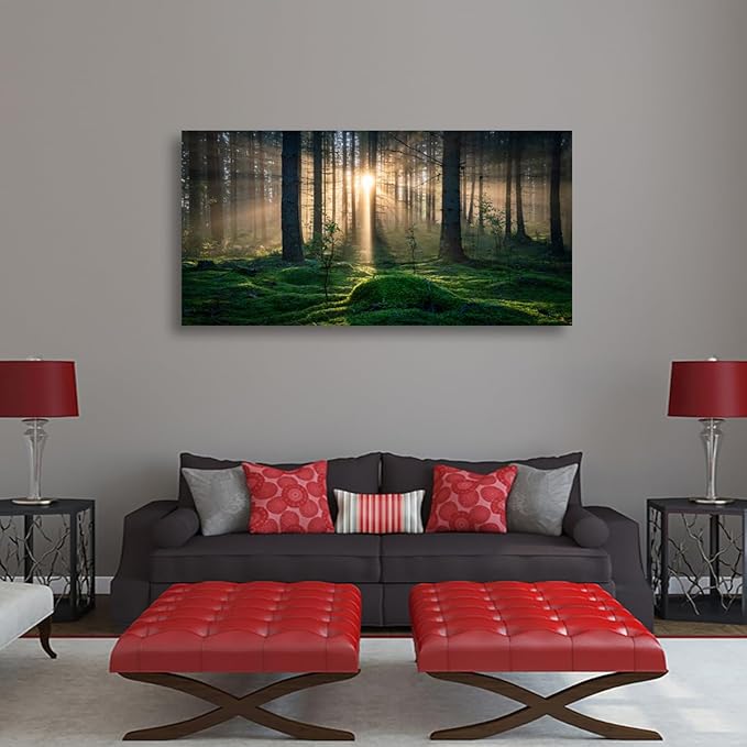 Sunrise Landscape Canvas Wall Art - 24x48 Inches - Tree and Forest Picture Artwork for Living Room and Bedroom Wall Decoration - Nature Painting Prints for a Serene Atmosphere
