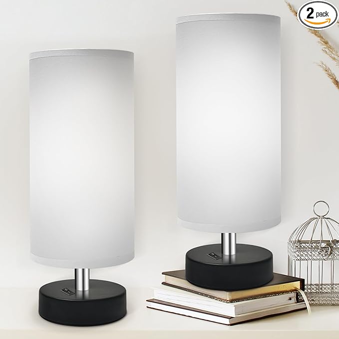 Small Lamp for Bedroom, Bedside Lamps for Night Stands, Mini Minimalist Table Lamp with Round Gray Fabric Shade, 11.4 Inch Desk Reading Lamp for Dorm Room Living Room Office Room, 2 Pack