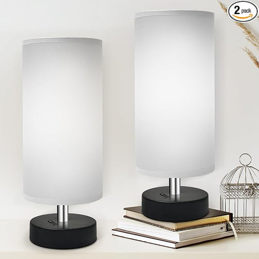 Small Lamp for Bedroom, Bedside Lamps for Night Stands, Mini Minimalist Table Lamp with Round Gray Fabric Shade, 11.4 Inch Desk Reading Lamp for Dorm Room Living Room Office Room, 2 Pack