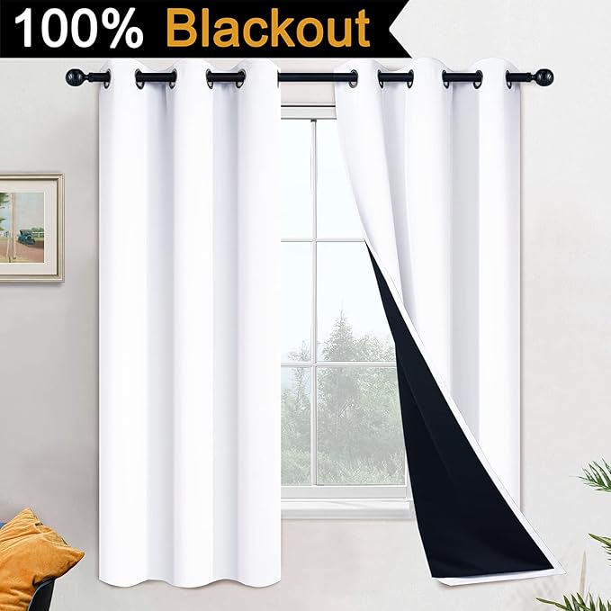 Yakamok Full Blackout Curtains 63 Inches Long,Blackout Curtain Panels for Bedroom, 2 Thick Layers Grommet Top Thermal Insulated Drapes with Black Liner for Living Room(42Wx63L, Pure White, 2 Panels)