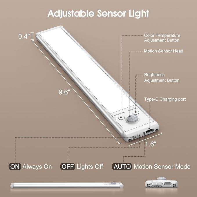 Chasesun 9.6inch Under Cabinet Lights, LED Motion Sensor Closet Light, Wireless USB-C Rechargeable Under Counter Lights 3 Color Temperatures & Adjustable Brightness, Magnetic Mount for Kitchen, 5 Pack