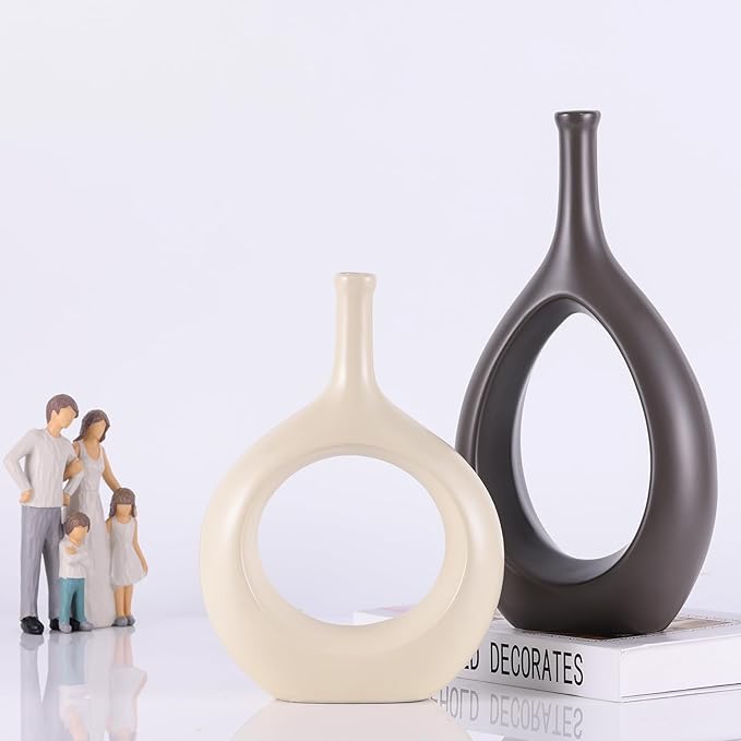 Brown White Vase Ceramic Off White Vases Home Decor,Modern Minimalist Circle with Hole Decorative Vase, Hollow Ellipse Flower vases for Bookshelf, Fireplace Mantle, Centerpieces,Farmhouse,Rustic Décor