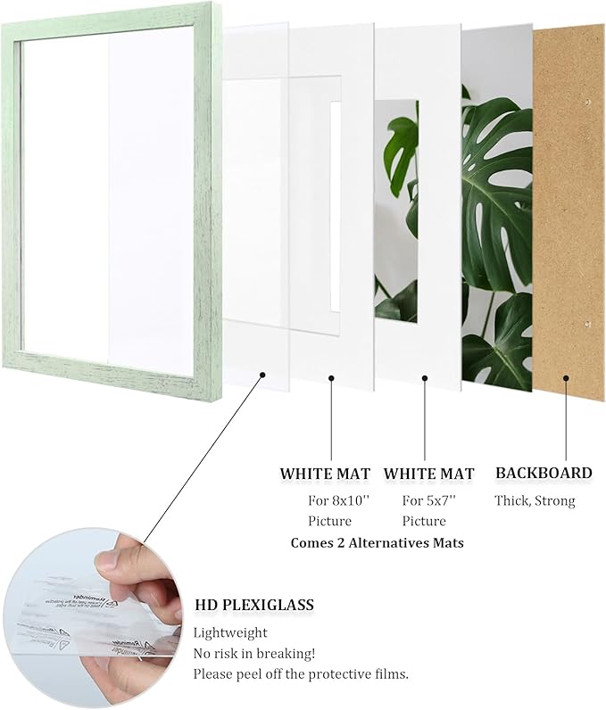 Egofine 11x14 Picture Frames Set of 4, Made of Solid Wood Covered by Plexiglass 5x7 and 8x10 with Mat or 11x14 without Mat, for Table Top Display and Wall Mounting Photo Frame Rustic Green