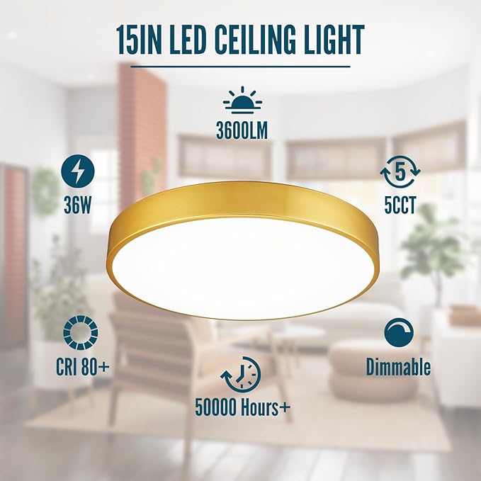 Gold LED Flush Mount Ceiling Light Fixture, 15 inch, 36W, Dimmable, Modern Kitchen, Bedroom, Bathroom, Living Room Lighting
