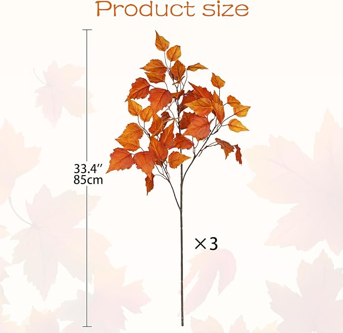 Hollyone 3Pcs Fall Artificial Birch Leaves with Stems 33" Silk Faux Autumn Leaf Branches Spray Fake Fall Leaves Decorations for Home Vase Florals Thanksgiving Table Centerpieces Indoor Decor