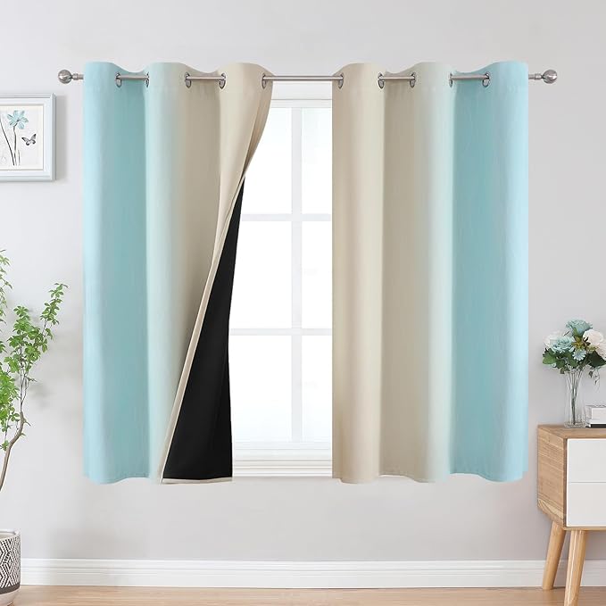 Estelar Textiler Beige and Aqua Ombre Blackout Curtains 54 Inch Length 2 Panels, Full Room Darkening Gradient Drapes for Kitchen, Thermal Insulated Grommet Short Curtains for Bedroom, 42Wx54L