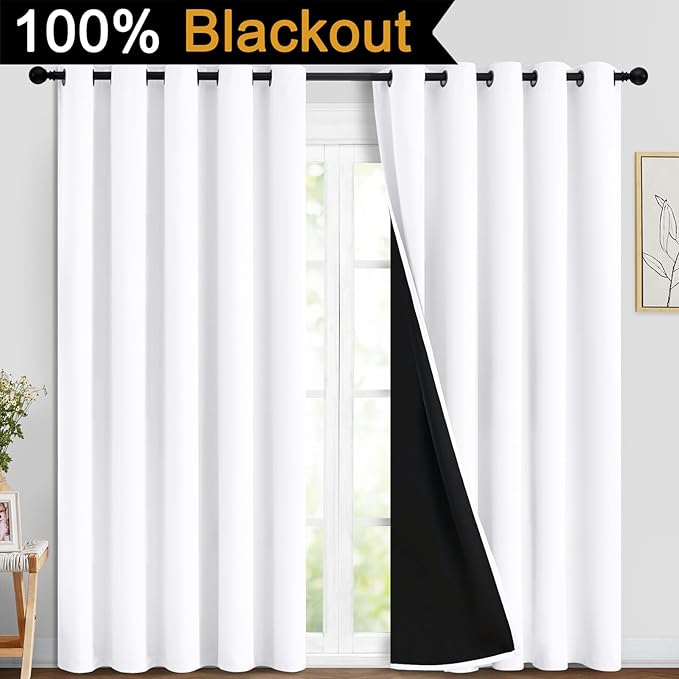 Yakamok Pure White 100% Blackout Curtains, 2 Thick Layers Completely Blackout Curtains Thermal Insulated Noise Reducing Drapes for Bedroom(70Wx84L, Pure White, 2 Panels)