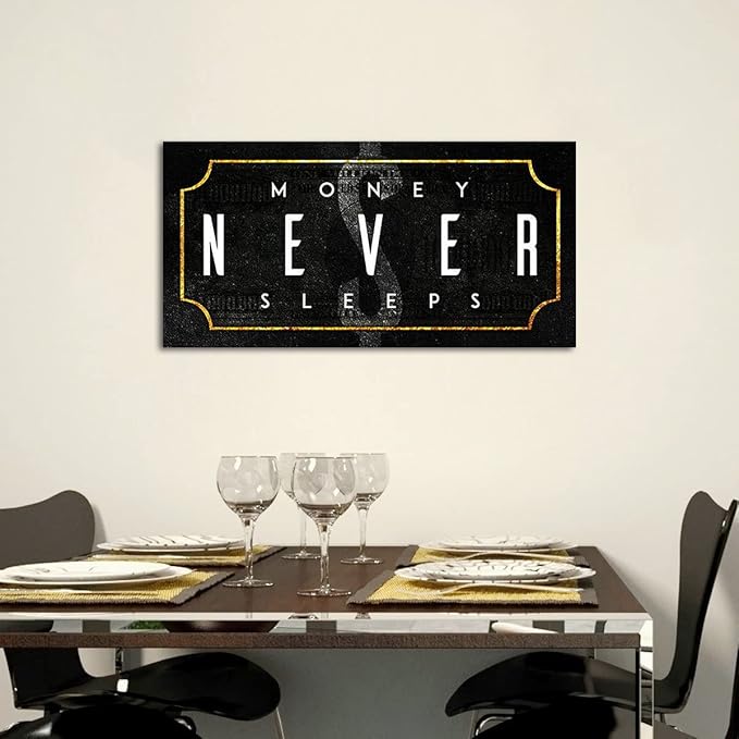 Abstract Creative Money Never Sleeps Motivational Quote Art Prints Painting on Canvas Inspirational Poster Wall Picture Office Wall Art Living Room Bedroom Wall Hangings Framed Ready to Hang-32"Wx16"H