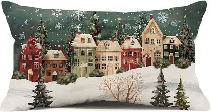 Winter Lumbar Decorative Rectangle Pillow Cover 12 x 20, Wonderland Forest House Snowflake Vintage Porch Outdoor Pillowcase, Christmas Holiday Seasonal Farmhouse Cushion Case Home Decor