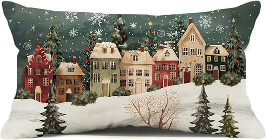 Winter Lumbar Decorative Rectangle Pillow Cover 12 x 20, Wonderland Forest House Snowflake Vintage Porch Outdoor Pillowcase, Christmas Holiday Seasonal Farmhouse Cushion Case Home Decor