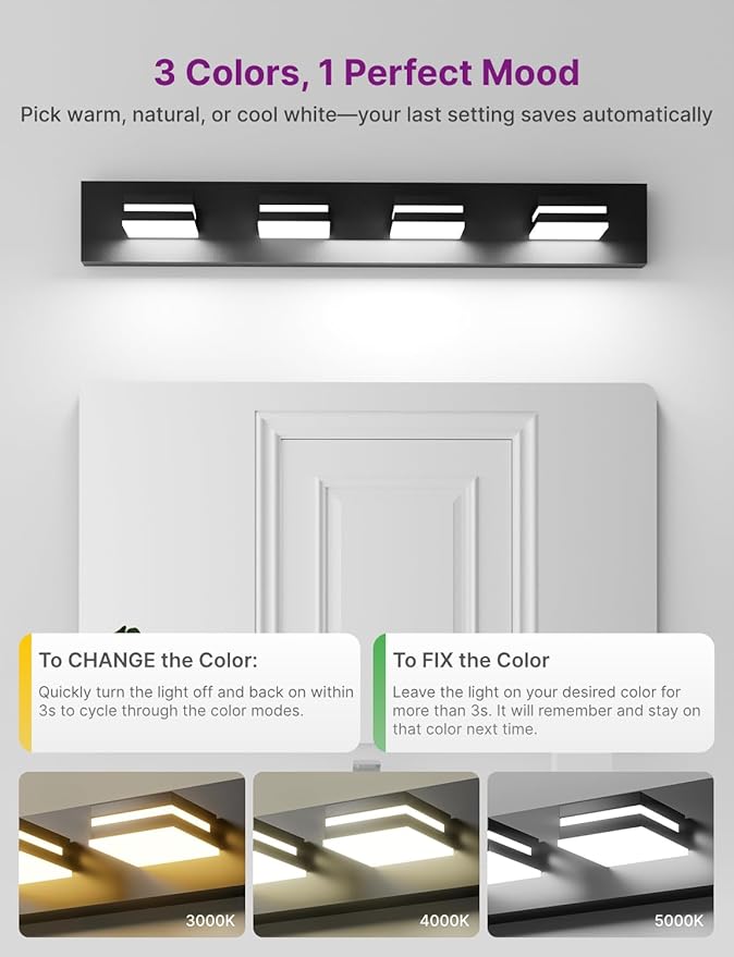 Modern Bathroom Light Fixture Over Mirror, 29" 4-Light Bathroom Vanity Light with Rotatable Heads, Adjustable 3000K/ 4000K/ 5000K, Hardwired, Energy-Efficient LED Vanity Lighting Fixture, Black