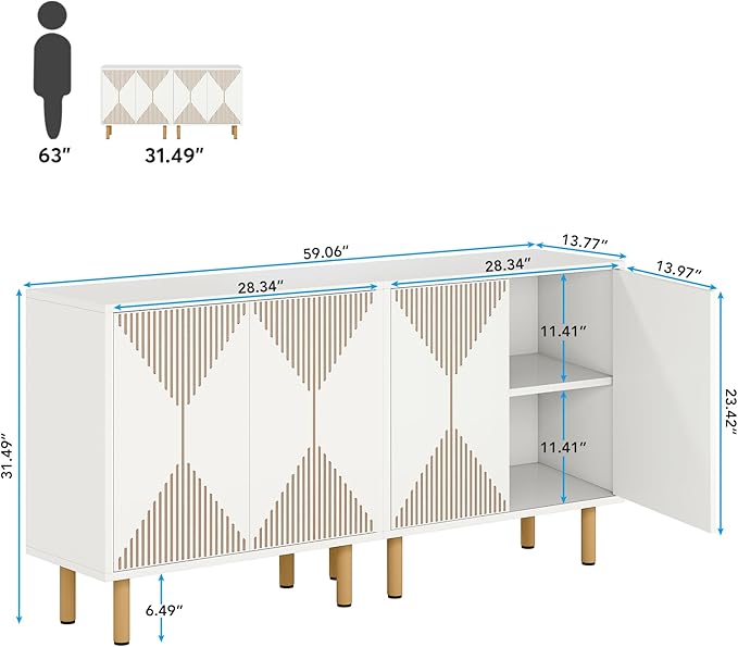 LITTLE TREE White Sideboard Buffet Cabinet, Modern Sideboard Cabinet with 4 Doors, Cupboard Console Table
