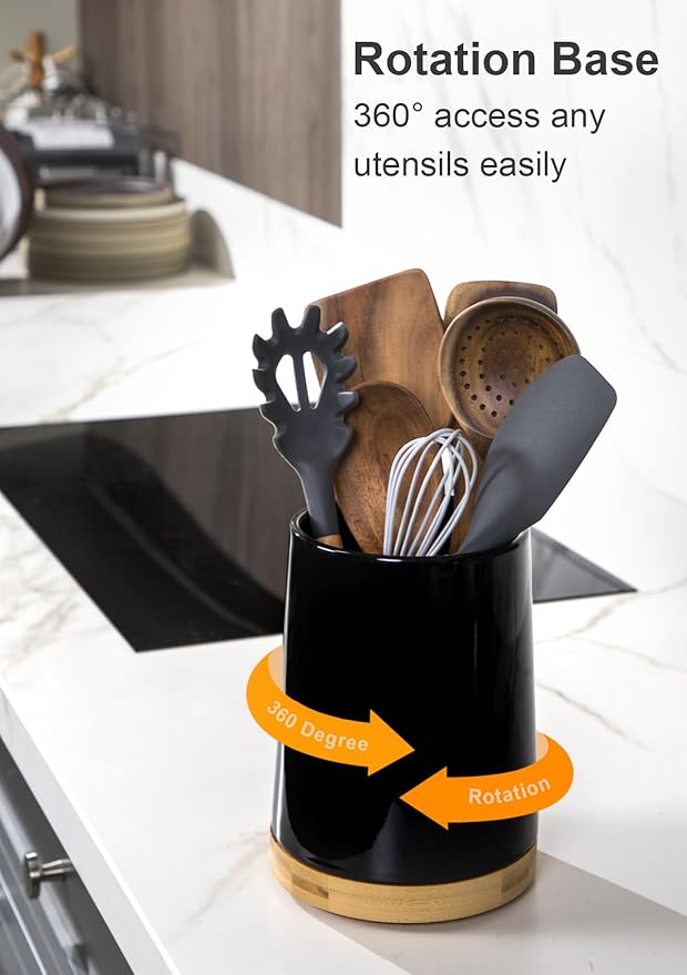 Nucookery 360° Rotating Utensils Holder, 8.2" Extra High Large Ceramic Kitchen Utensil Holder with Countertop-Protection Cork Bottom, Top Gathering Kitchen Decor for Counter (Black)