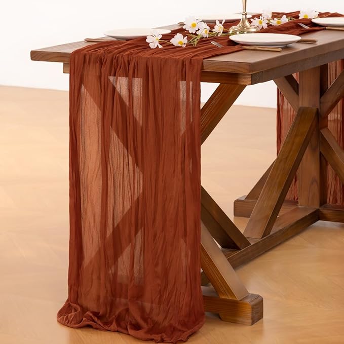 Socomi Fall Table Runner Terracotta Thanksgiving Cheesecloth Gauze Burnt Orange Boho Rustic Farmhouse 120 inch 10FT Cheese Cloth Runner for Wedding Party Baby Shower Home Decor Holiday Decorations