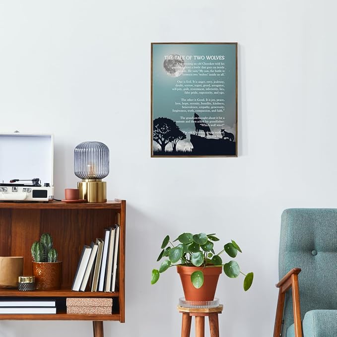 The Tale of Two Wolves, Framed Wolf Wall Art, Framed Canvas Wall Art Inspirational Quote Decor, Wolfs Décor, Wolfish Gifts, wolfish Canvas Décor (Blue)