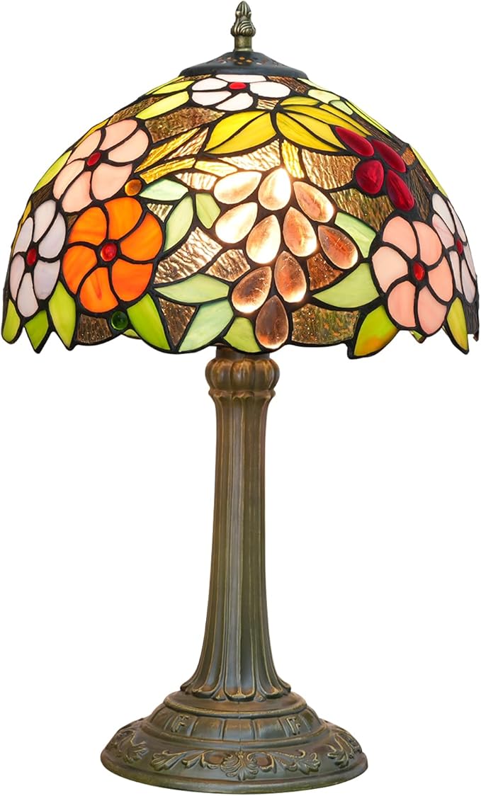 Tiffany Style Stained Glass Table Lamp 12-Inch Purple Grape Flower Reading Bedside Lamp Suitable for Study Living Room Bedroom Coffee Shop Retro Table Lamp Home Decoration Art