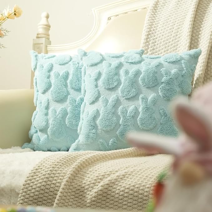 GEEORY Easter Bunny Soft Plush Pillow Covers, 16 x 16 Inch Set of 2, Fluffy Faux Fur Wool Decorative Farmhouse Cushion Case for Sofa Home Decoration Blue GC014-16
