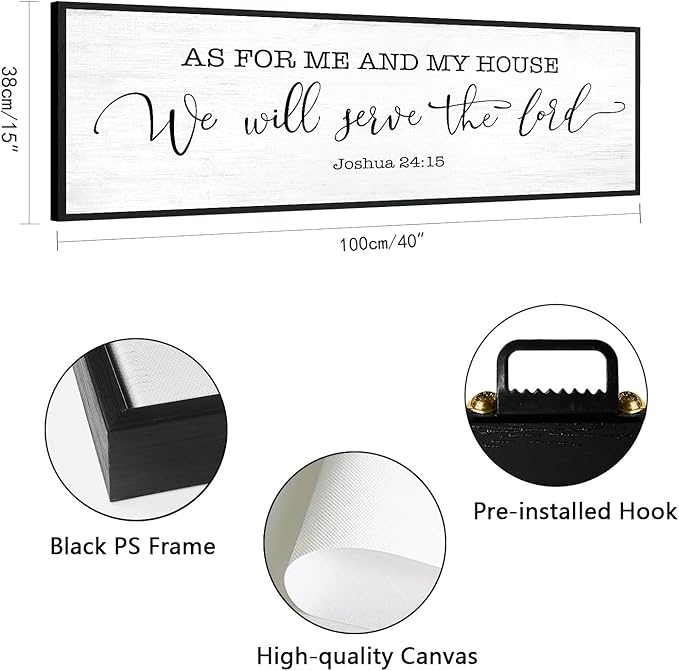 As for Me and My House We Will Serve the Lord Sign: 40x15 Inch Framed Christian Bible Verse Wall Art Canvas Print, Joshua 24:15 Scripture Wall Decor for Family Living Room Dining Room