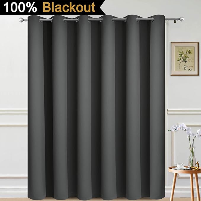 Yakamok Extra Wide Blackout Full Shading Curtains for Patio Door, Thermal Backing Sliding Glass Door Drape, Privacy Assured Window Treatment, Room Divider Curtains,Dark Grey, W100 x L108, 1 Panel