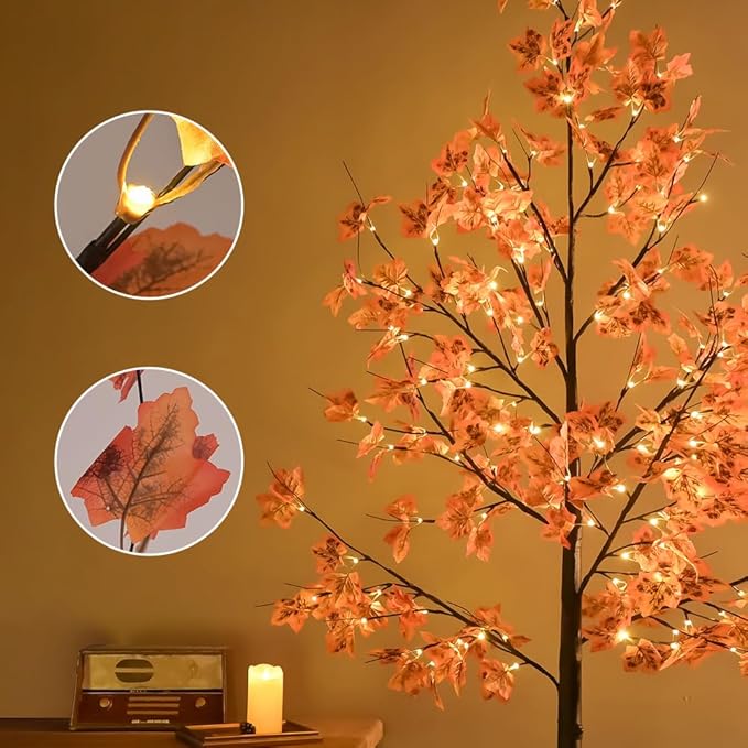 Artificial Lighted Maple Tree with 136 Warm White LED Lights, Indoor Outdoor Home Party Thanksgiving Christmas Decor(8FT/136LED)