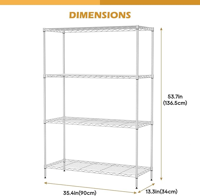 PayLessHere 4 Tier Shelving Unit 13.4" D×35" W×53.7" H Metal Shelving Standing Storage Shelf with 4 Steel Frame Adjustable Layer Racks Metal Commercial Shelf for Kitchen, Garage (Chrome)