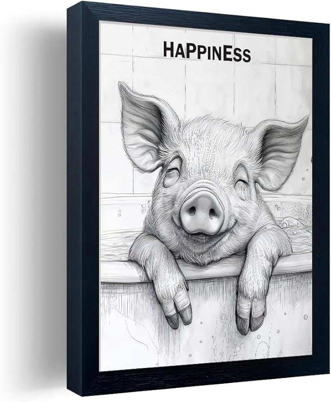 Minimalist Bathroom Wall Decor, Happy Pig Wall Art in Picture Frames, Hilarious, Fun Bathroom Animal Art, Black and White Canvas Prints can be Hung Directly - Frame, 11 "x 14