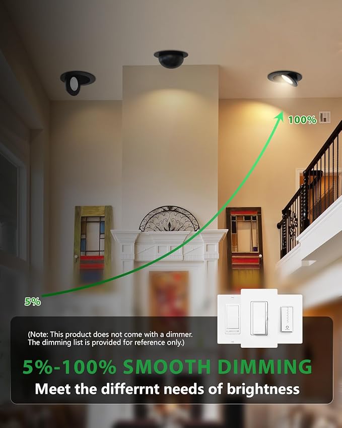 zouzai 5CCT LED Gimbal Led Recessed Light with Junction Box, 360°+90° Adjustable Directional Eyeball Lighting, Dimmable, 2700K/3000K/3500K/4000K/5000K,ETL&Energy Star (6 inch, Black 1 Pack)