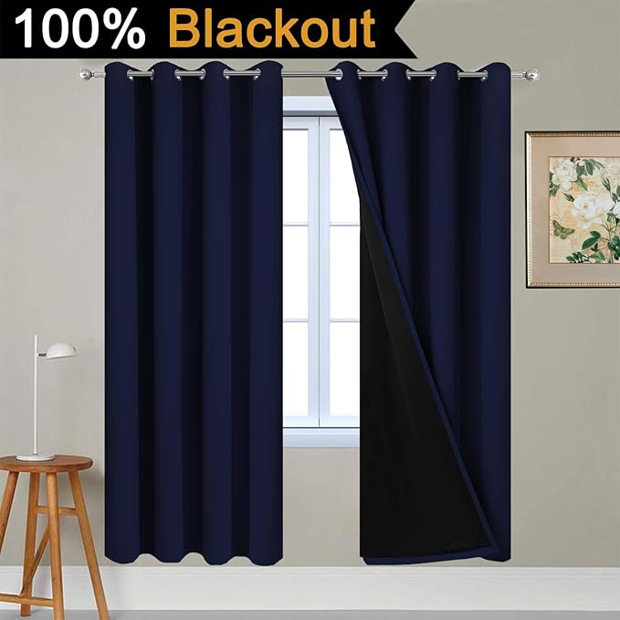 Yakamok 100% Blackout Curtains with Black Liners, Thermal Insulated Full Blackout 2-Layer Lined Drapes Room Darkening Curtain Panel for Bedroom(Navy Blue, 2 Panels, W52 x L72)