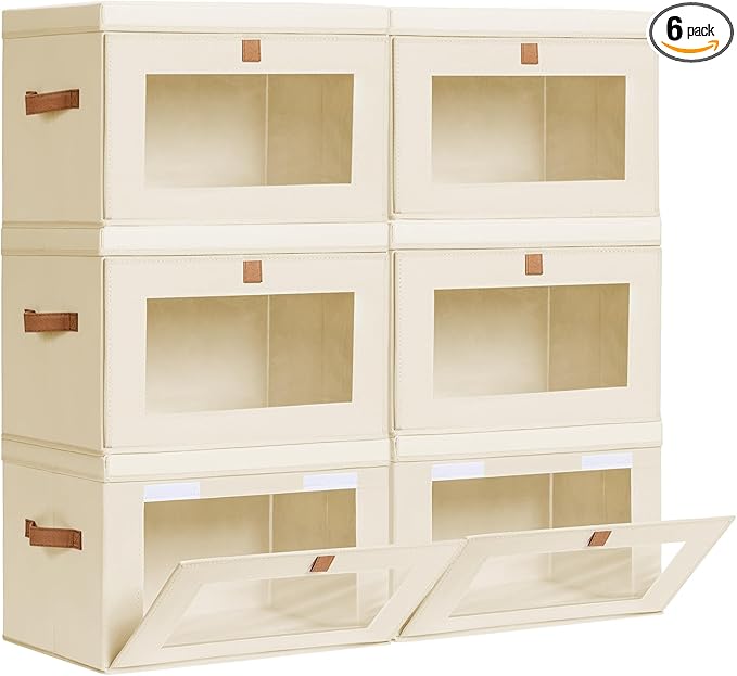 Large Closet Storage Bins - Collapsible Clothing Organizer with Handles & Window, Decorative Bin with Lids, Linen Closet Organizers for Living Room, Dorm, 6 Pack, Beige