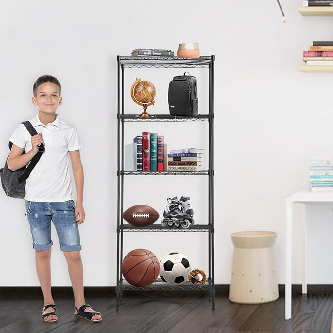 BestOffice | 5-Tier Wire Storage Shelves | 14x24x60 | Black | with Adjustable Racks | Heavy-Duty Metal Shelf, Holds Upto 750 lbs | No-Tool Assembly | Ideal for Home & Garage Shelving