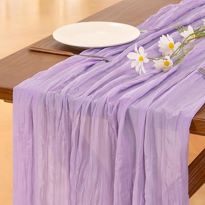 Socomi 10pcs Lilac Purple Lavender Cheesecloth Table Runner Boho Rustic Gauze 120 inch 10FT Cheese Cloth Runner for Wedding Party Baby Shower Birthday Home Decor Holiday Decorations