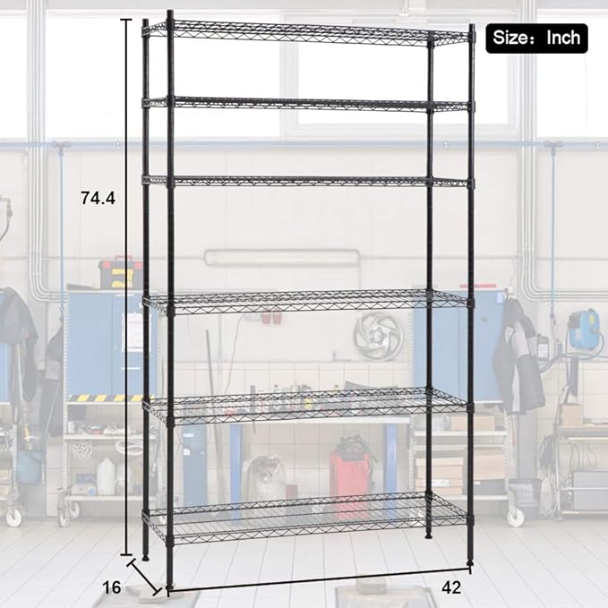 PayLessHere | 6-Tier Wire Shelf | 42"x16"x72" | Black | Adjustable Racks | Heavy-Duty Storage Shelves, Holds Upto 1500 lbs | Rust-Resistant, No-Tool Assembly | for Home, Garage Shelving